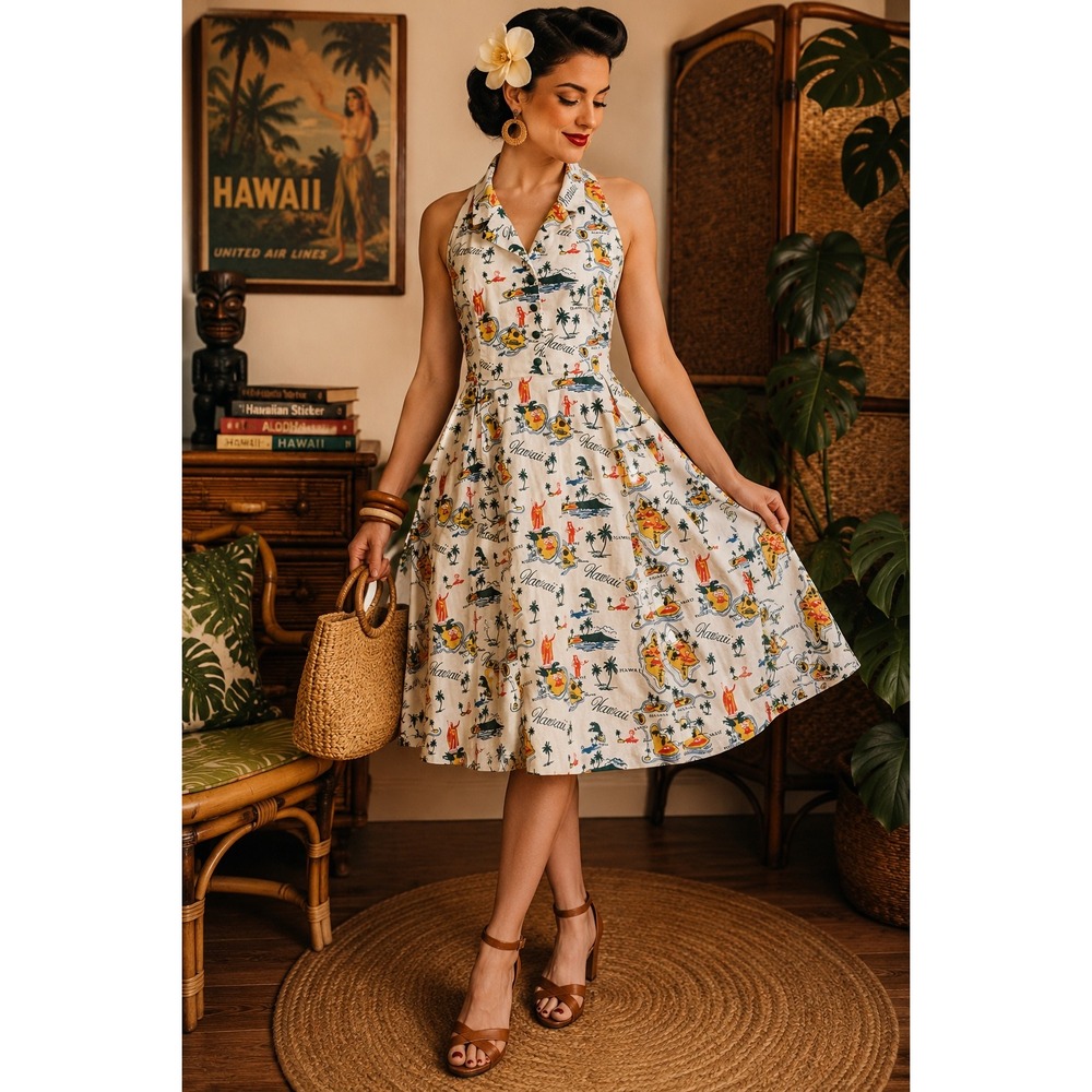 Hawaiian Map Print Halter Dress Retro Pinup Tropical Island Novelty Print Size M
